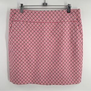 Ann Taylor Fun Pink Blue Geometric Print Zip Back Lined Pockets Mini Skirt